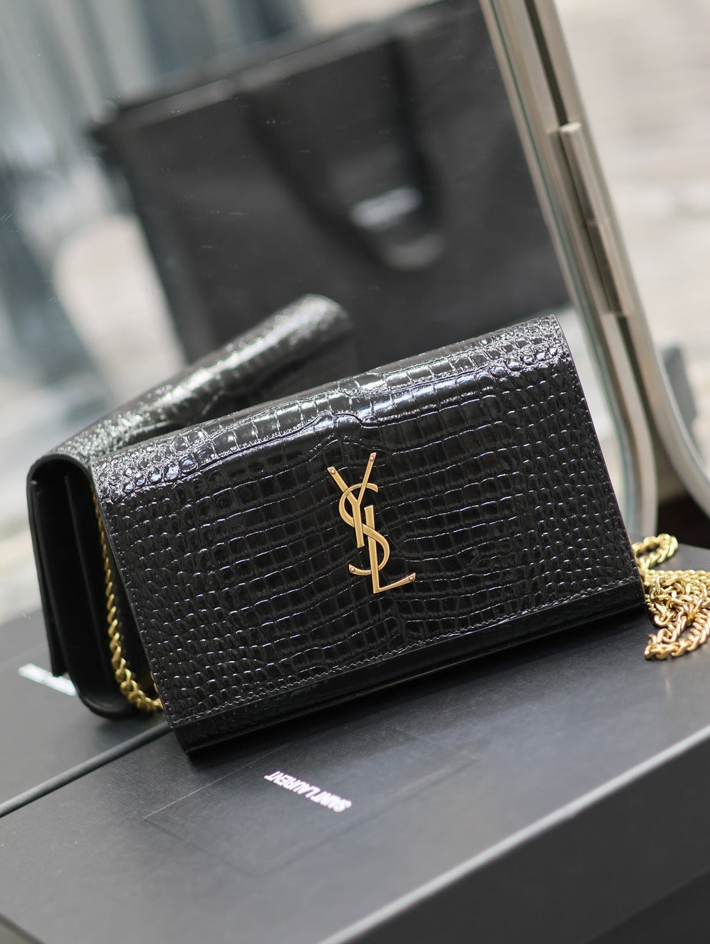 YSL Kate Croc Embossed BLack Gold Hardware - 23x14x3cm