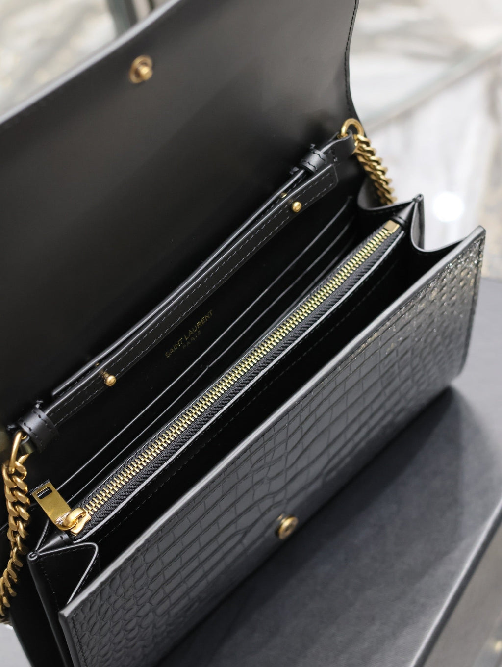YSL Kate Croc Embossed BLack Gold Hardware - 23x14x3cm