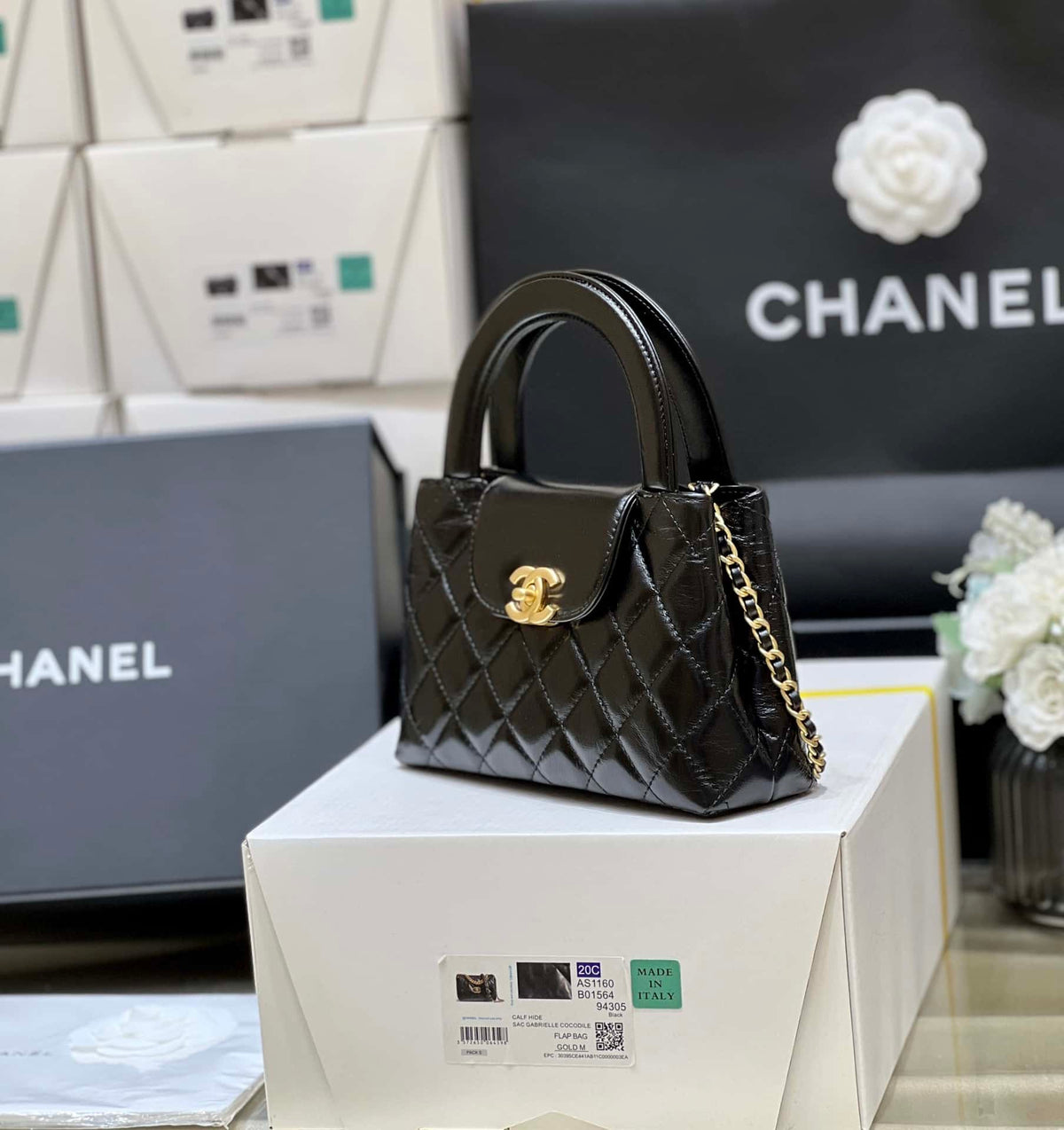 Chanel Kelly Mini Shopping Bag Mini 23K Shiny Aged Calfskin Black 13x19x7cm